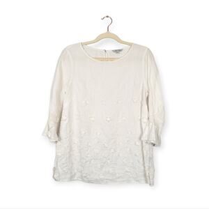 John Mark White Linen Crochet Flower Popover Blouse